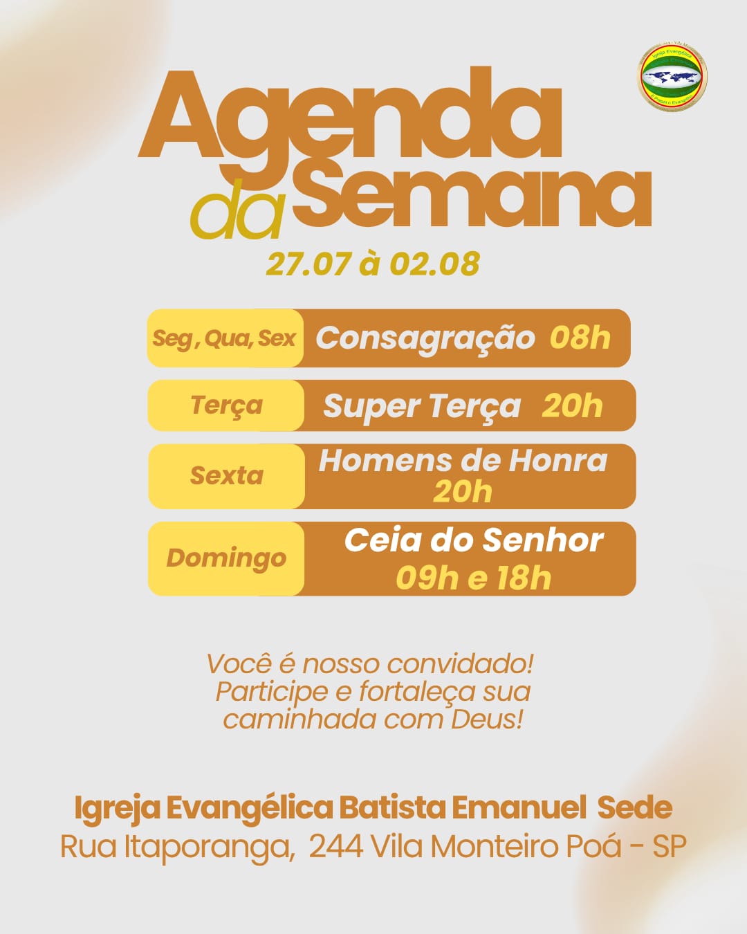 Agenda semanal dos cultos da Igreja Evangélica Batista Emanuel-SEDE